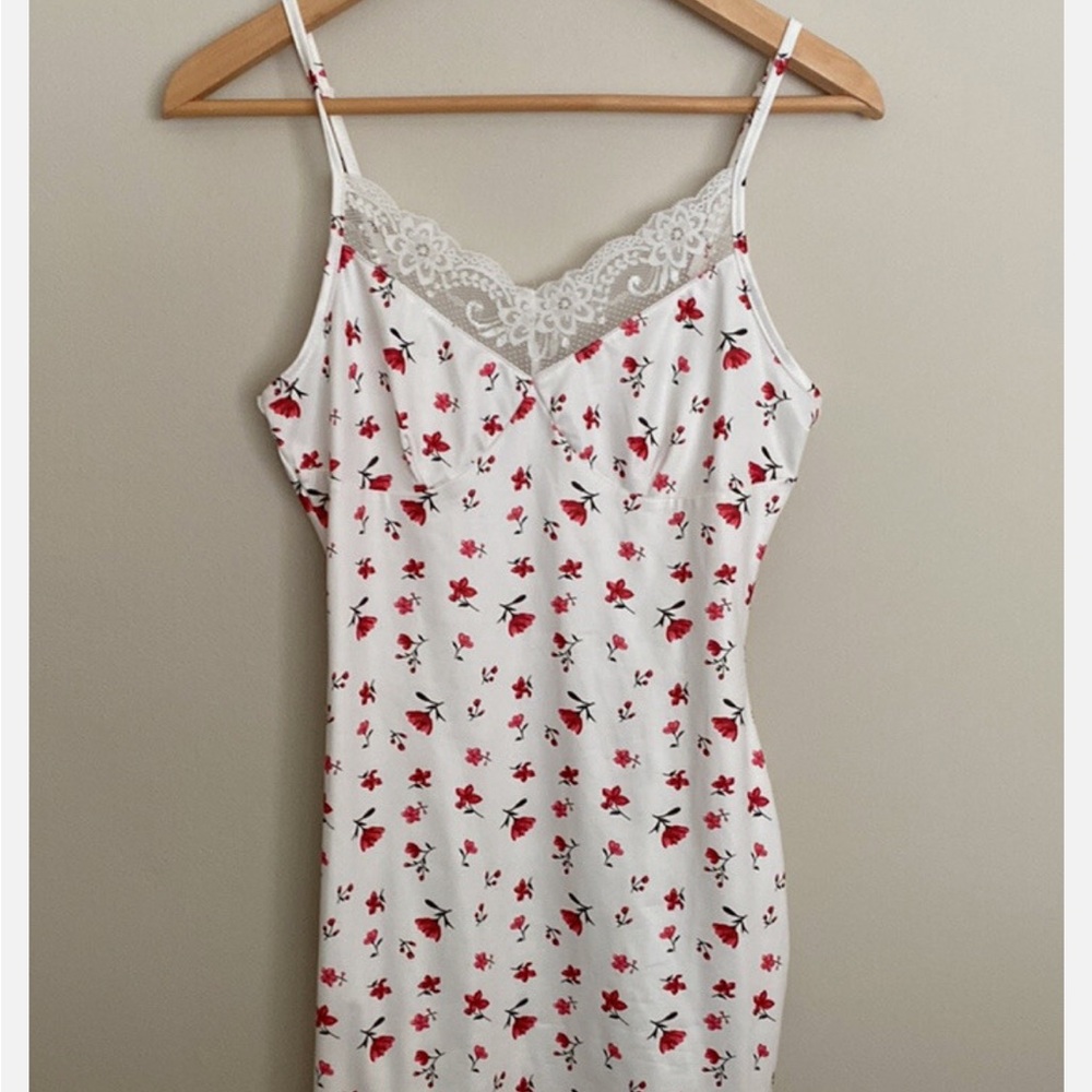 SHEIN White Dress with Red Floral Design